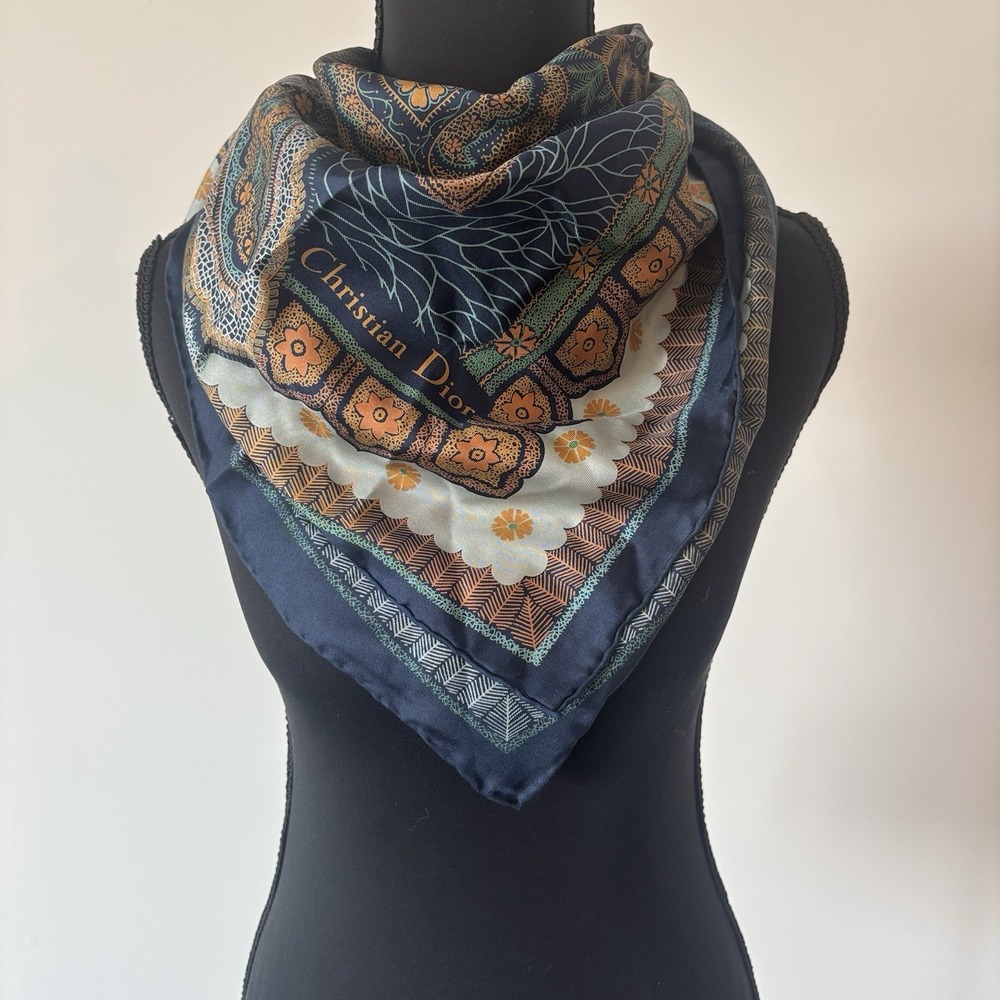 VTG Christian Dior Square Silk Scarf Blue Paisley Floral AUTHENTIC (NO TAGS)